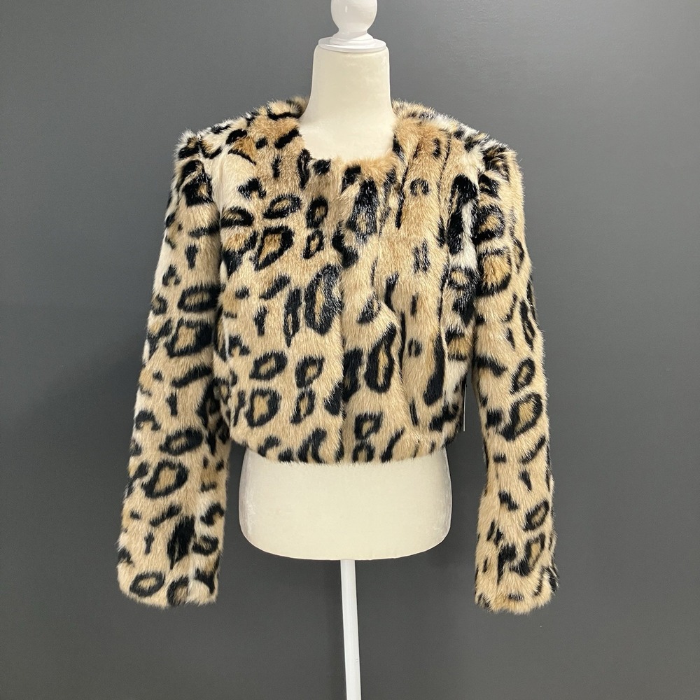 NWT Express x Karla Faux Fur Leopard Bolero Jacket Womens L Cropped